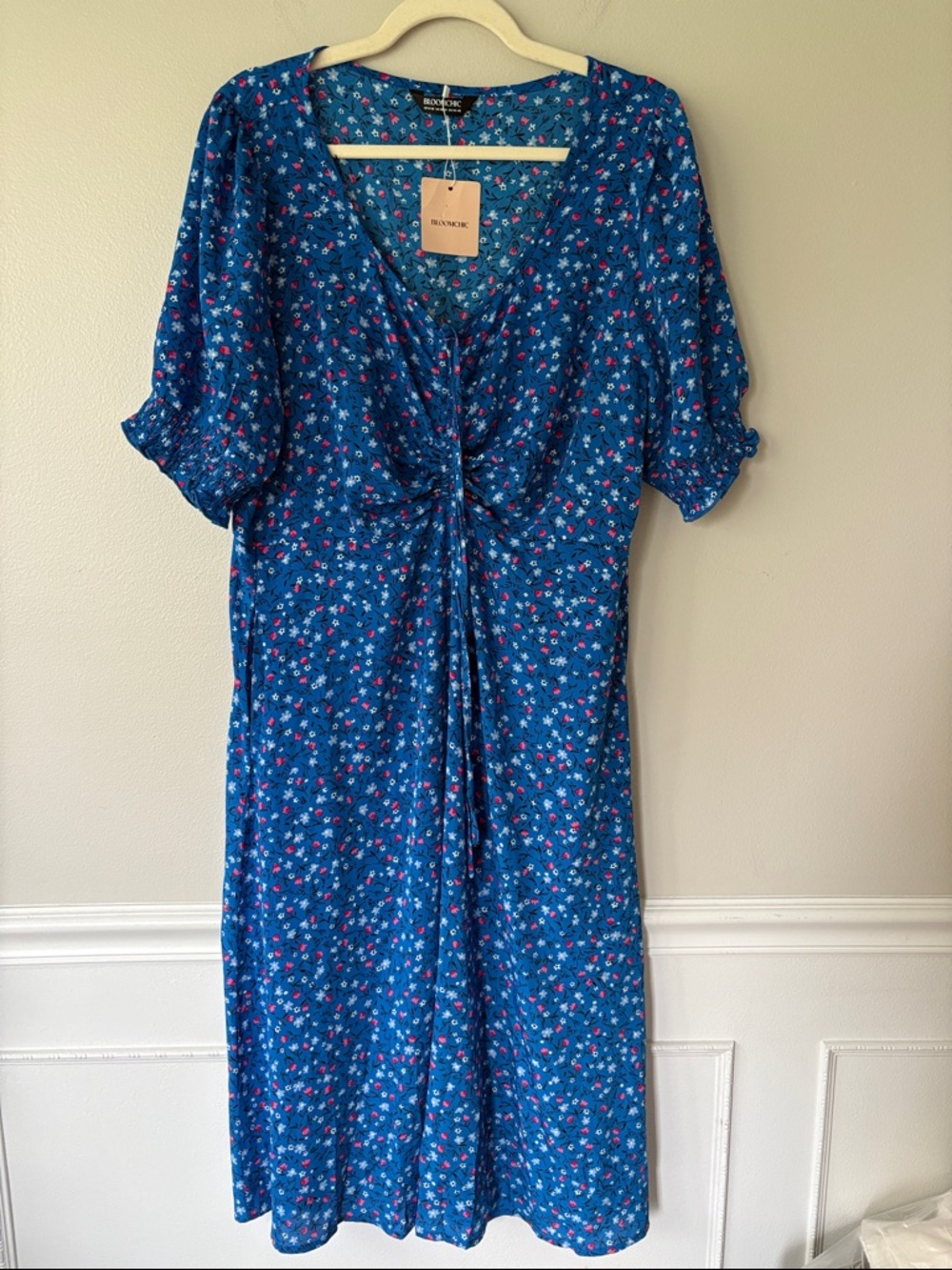 Bloomchic Blue Floral Tie-Front Dress with Pink & White Accents Size 14-16
